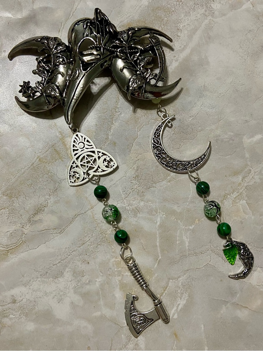 Silver & Green Crescent Moon and Celtic Charm Dangle Hair Barette